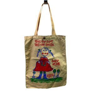 Vtg 70s Tote Bag Girls are Super Terrific Boys Stink Childs Artwork Hello Studio